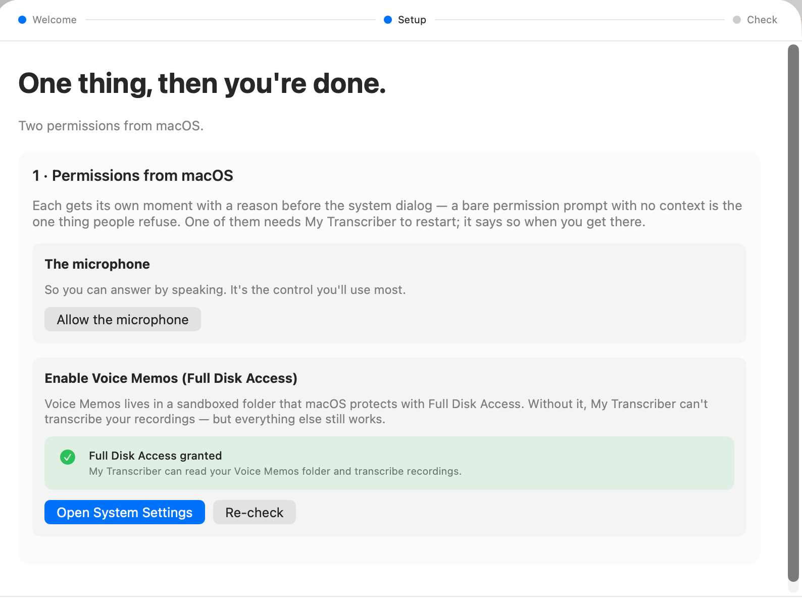 The Setup step of My Transcriber first run: one section covering the microphone and Full Disk Access, each with its reason