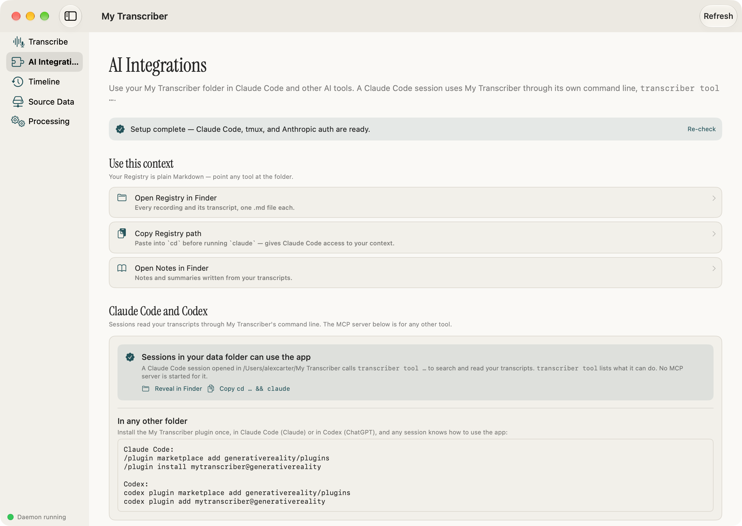 AI Integrations, with the commands that install the My Transcriber plugin in Claude Code and in Codex