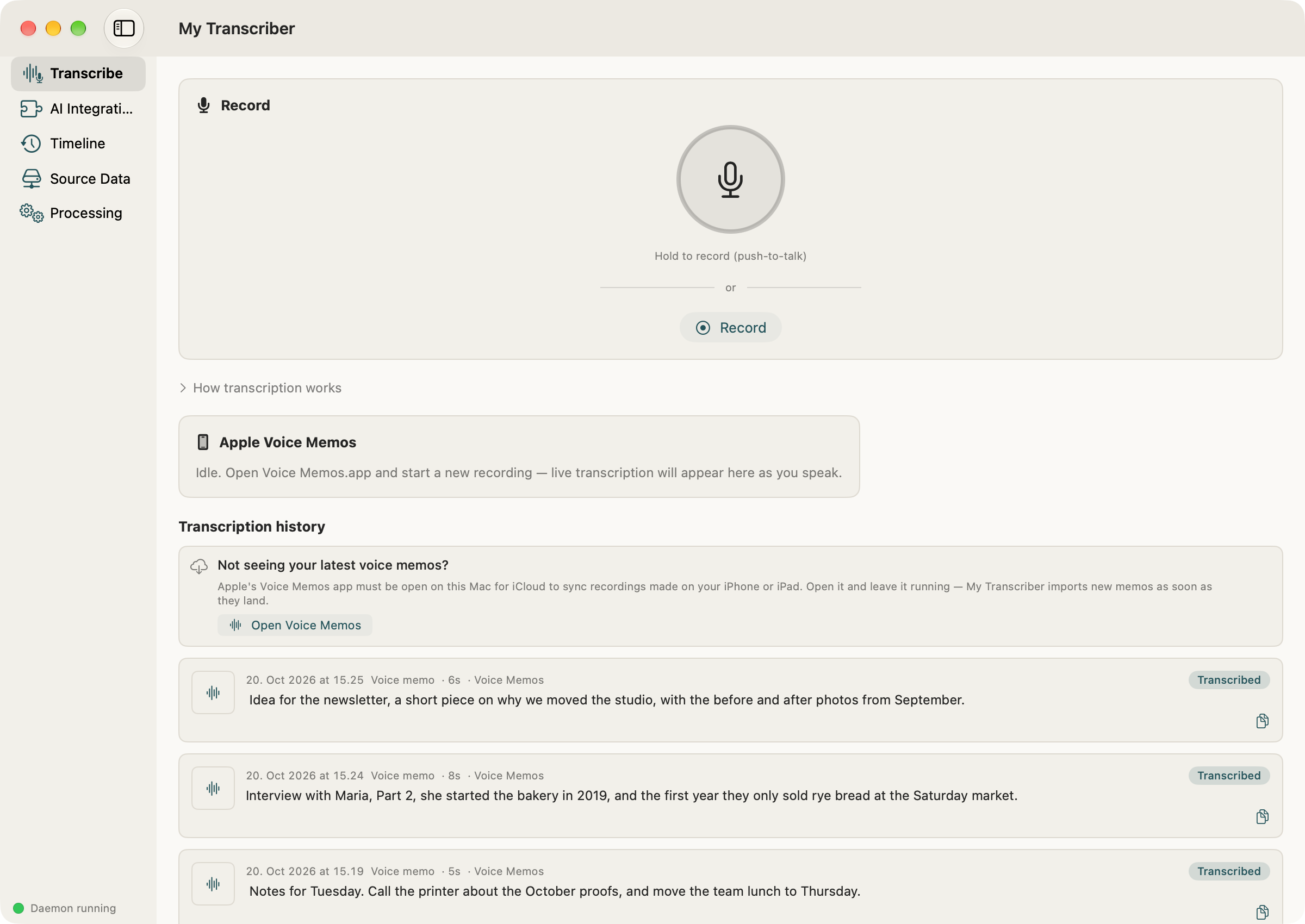 My Transcriber's Transcribe screen on the paper design, with three voice memos in the history